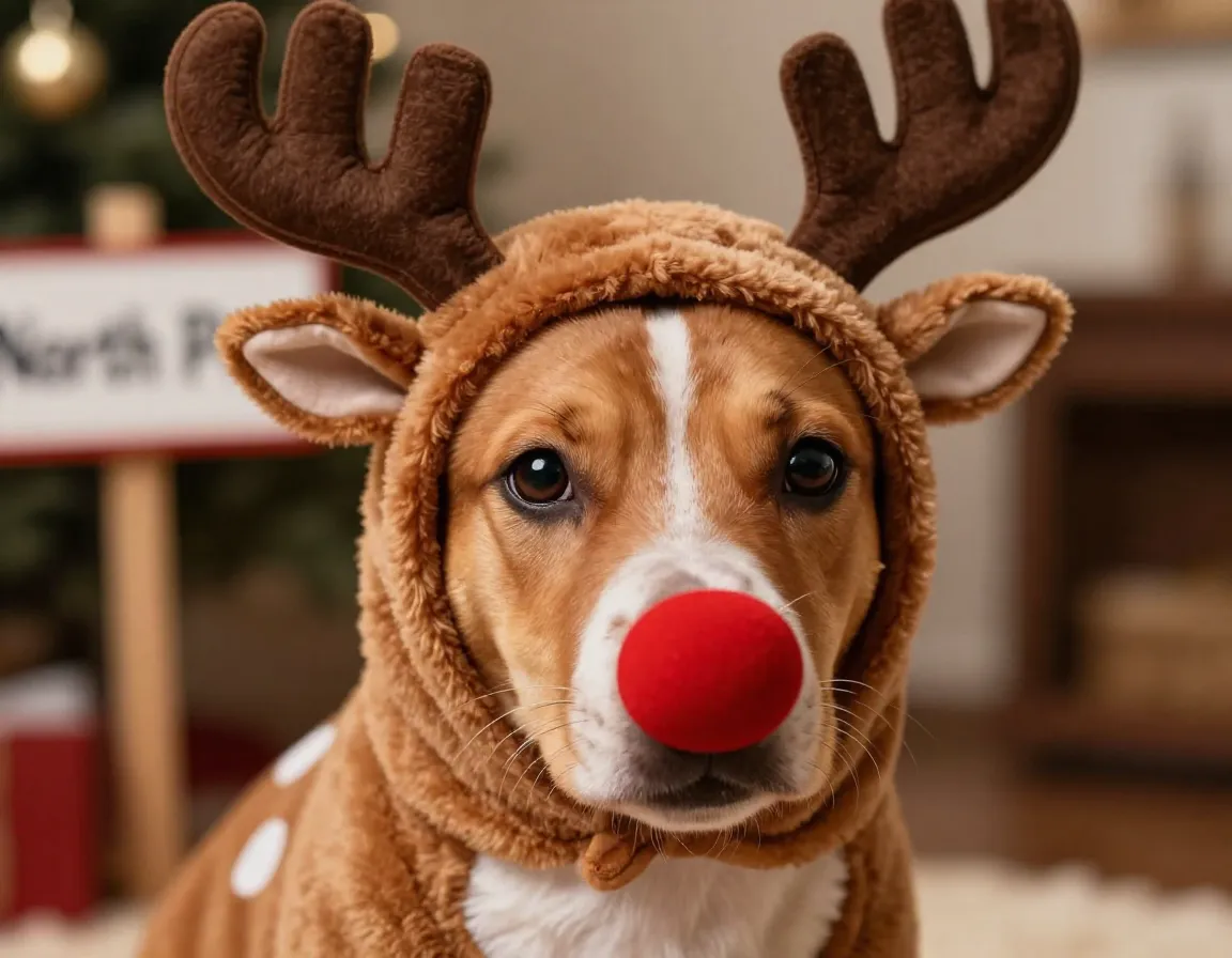 Rudolph reindeer costume with red nose on puppy