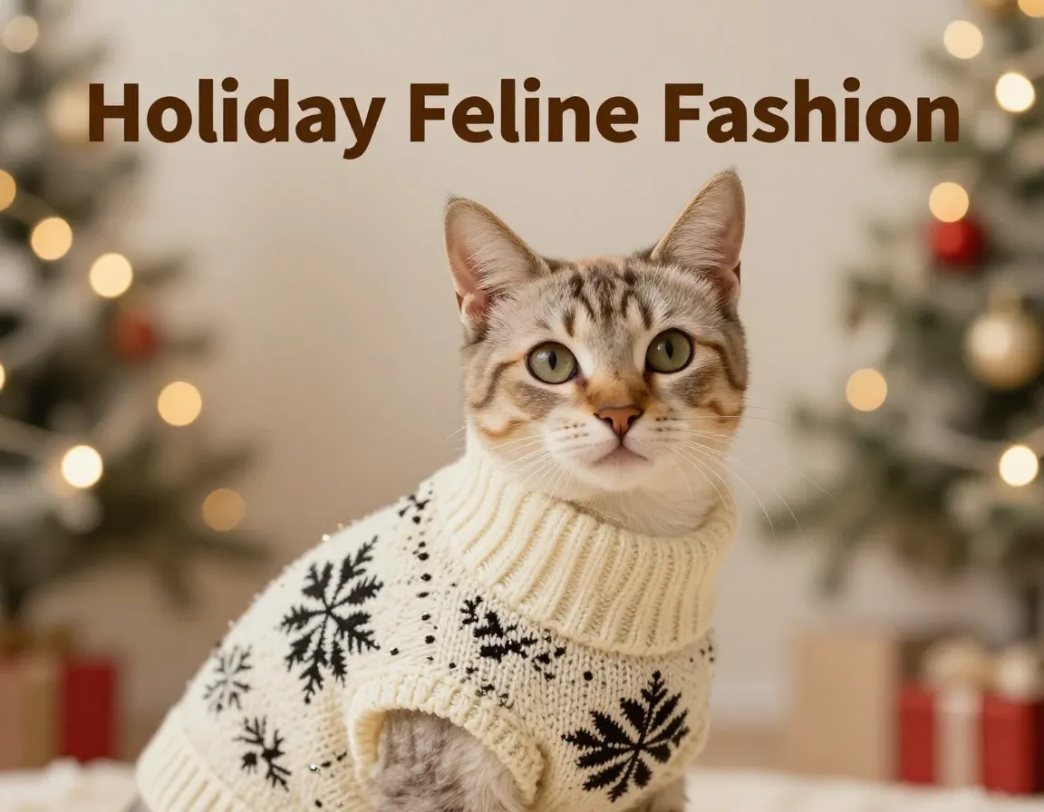 A contented cat wearing a snowflake knit sweater at christmas