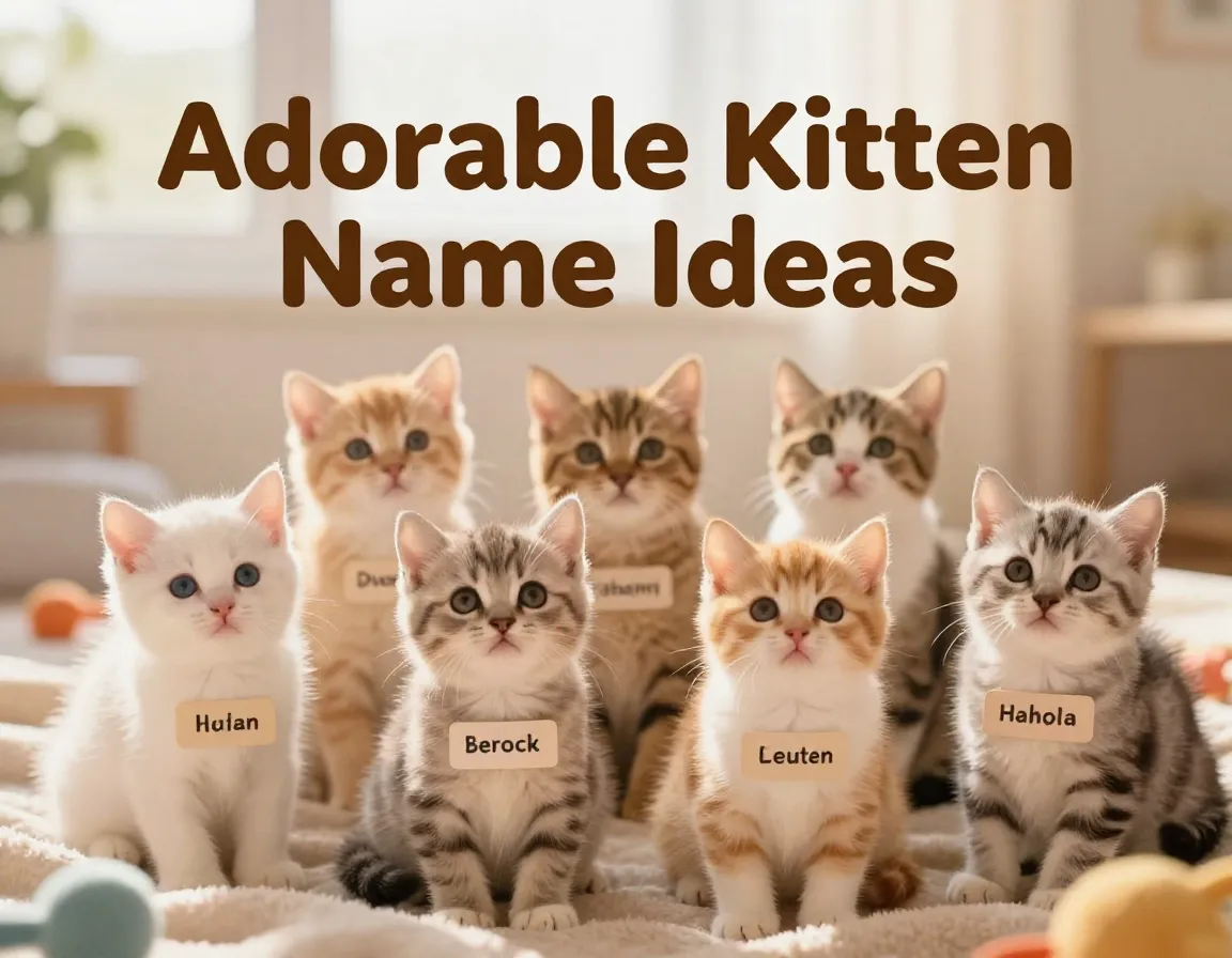 Eight diverse kittens with name tags on soft blanket background