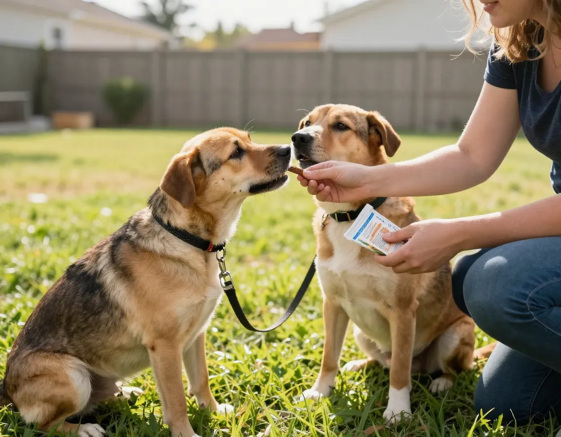 Positive reinforcement training session with owner and dog
