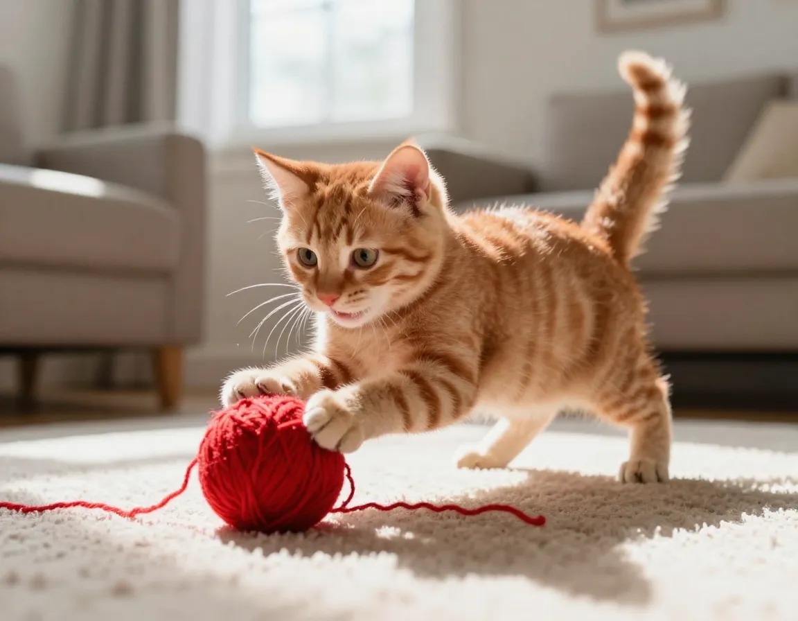 An orange tabby kitten playing with a ball of yarn in a sunlit living room