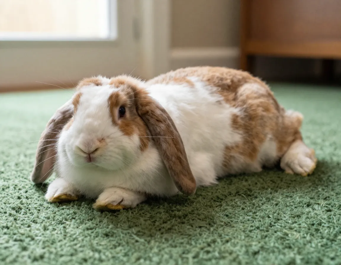 Holland lop rabbit floppy ears lounging on green carpet