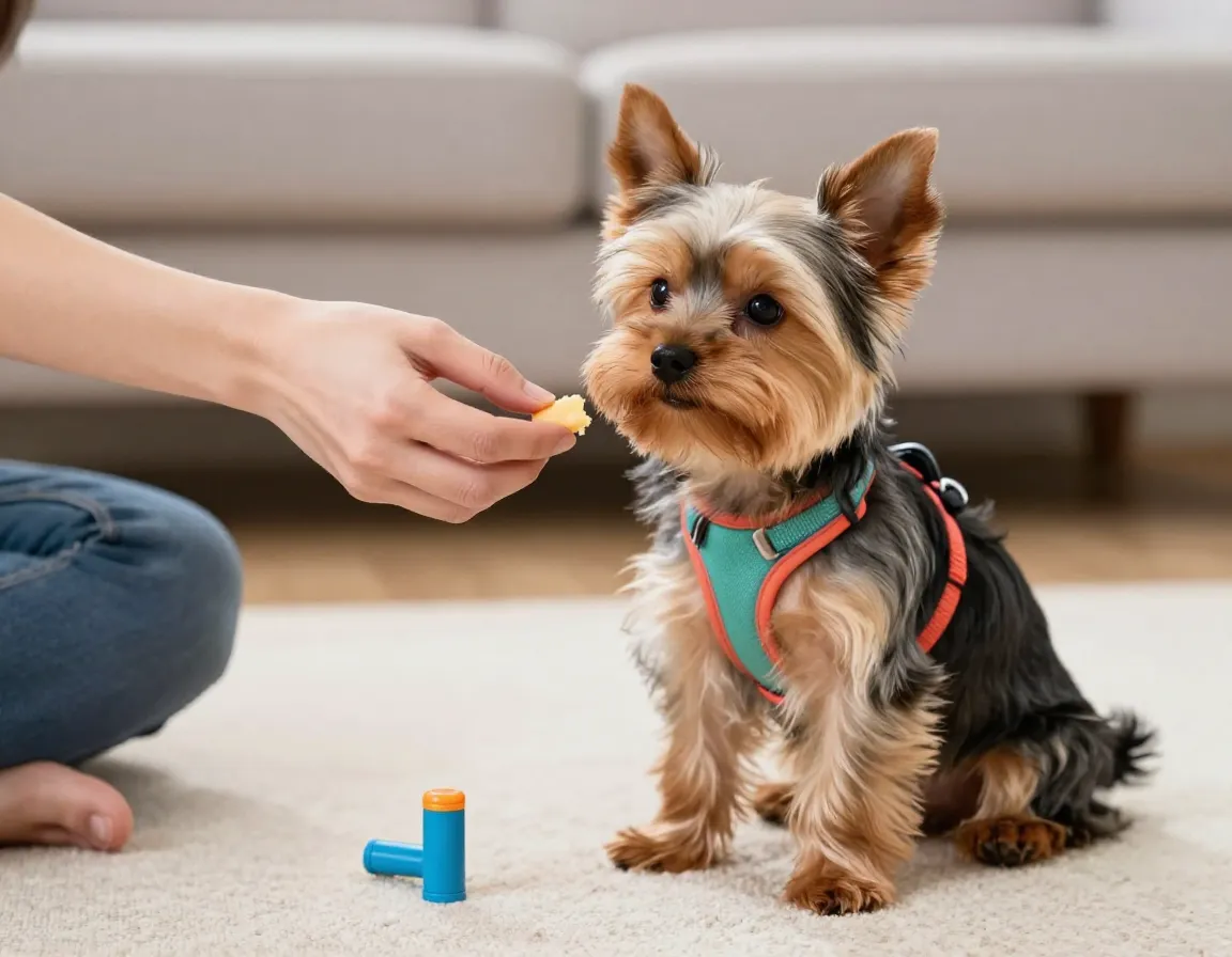 Person using treat to train yorkshire terrier puppy to sit indoors