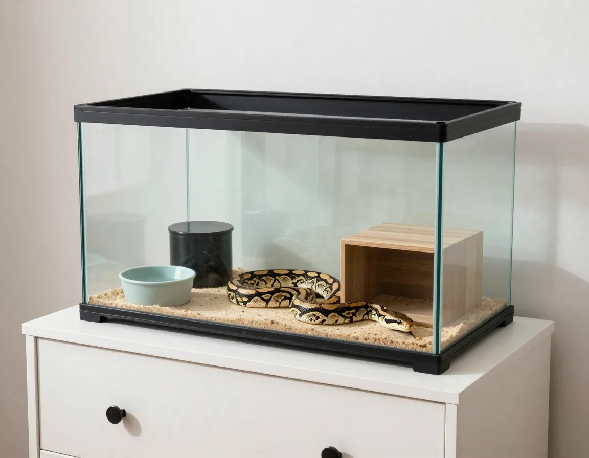 Royal python enclosure on furniture in a living space