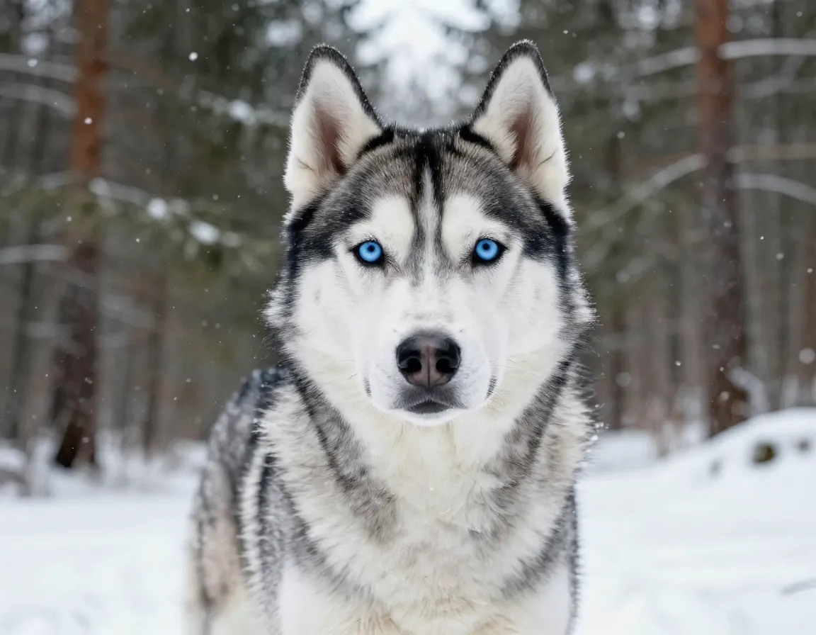 The pitsky dog with blue eyes in a snowy forest portrait
