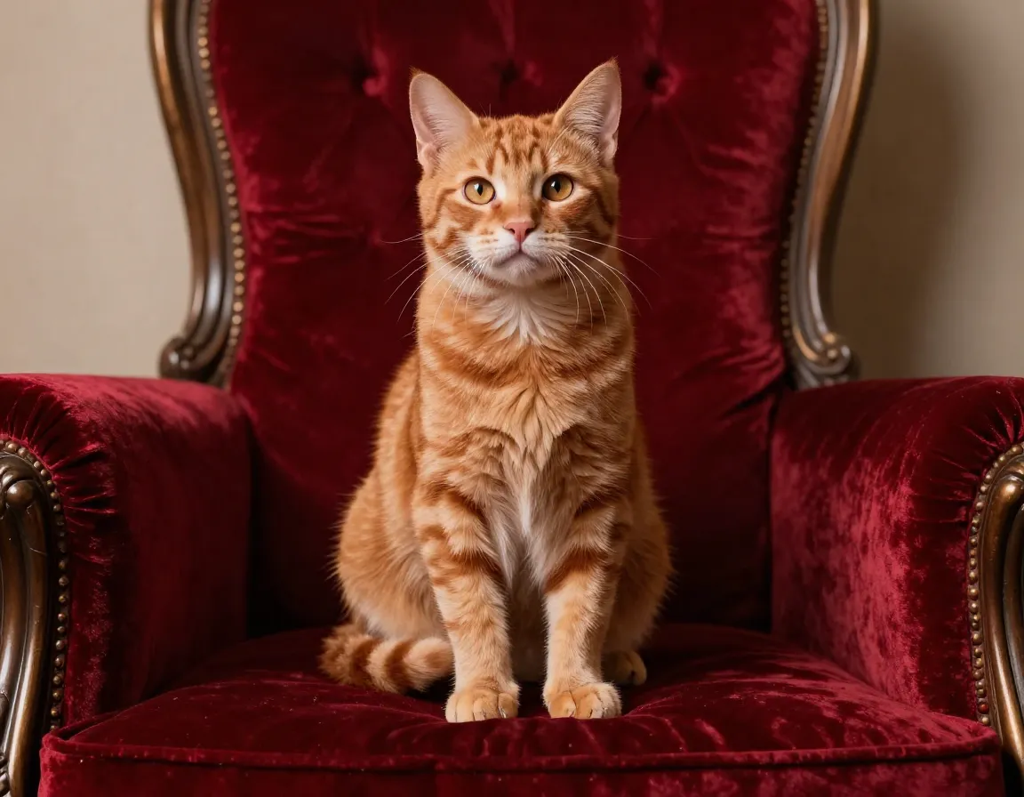 A confident ginger kitten sitting upright on a velvet cushion like a throne