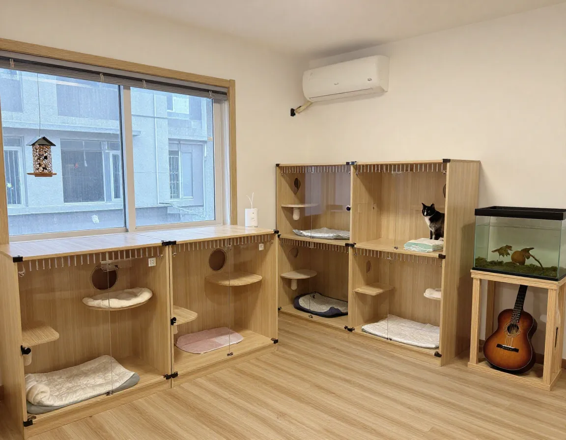 Cat boarding room with environmental enrichment and calming aids