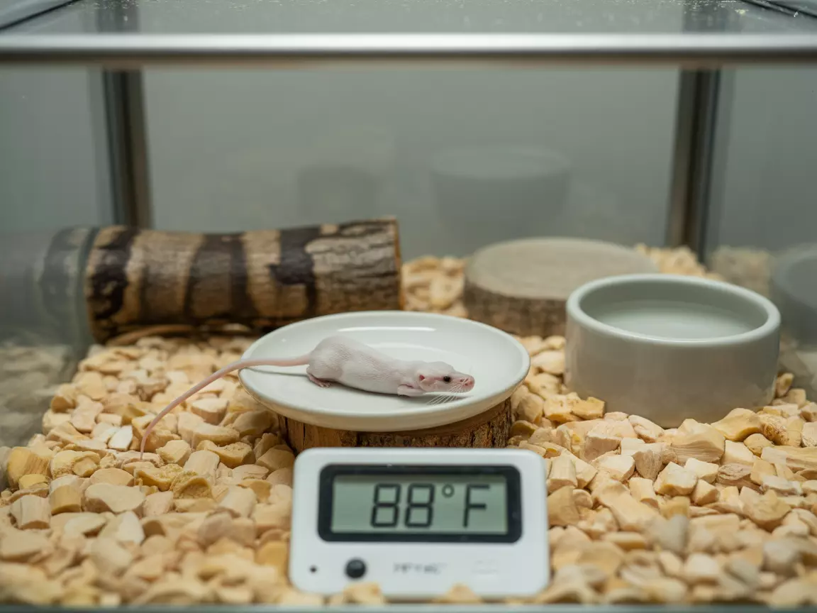 Low maintenance single feeder mouse enclosure with thermometer