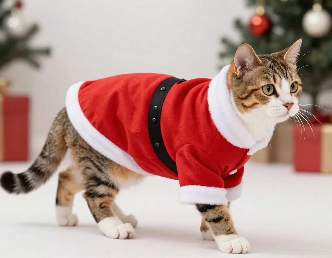 Santa suit style red and white cat sweater indoors