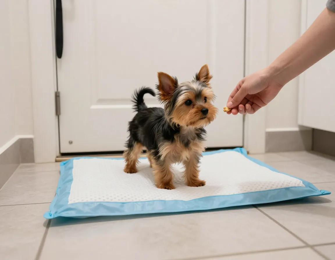 Yorkie puppy on potty pad by back door after successful elimination