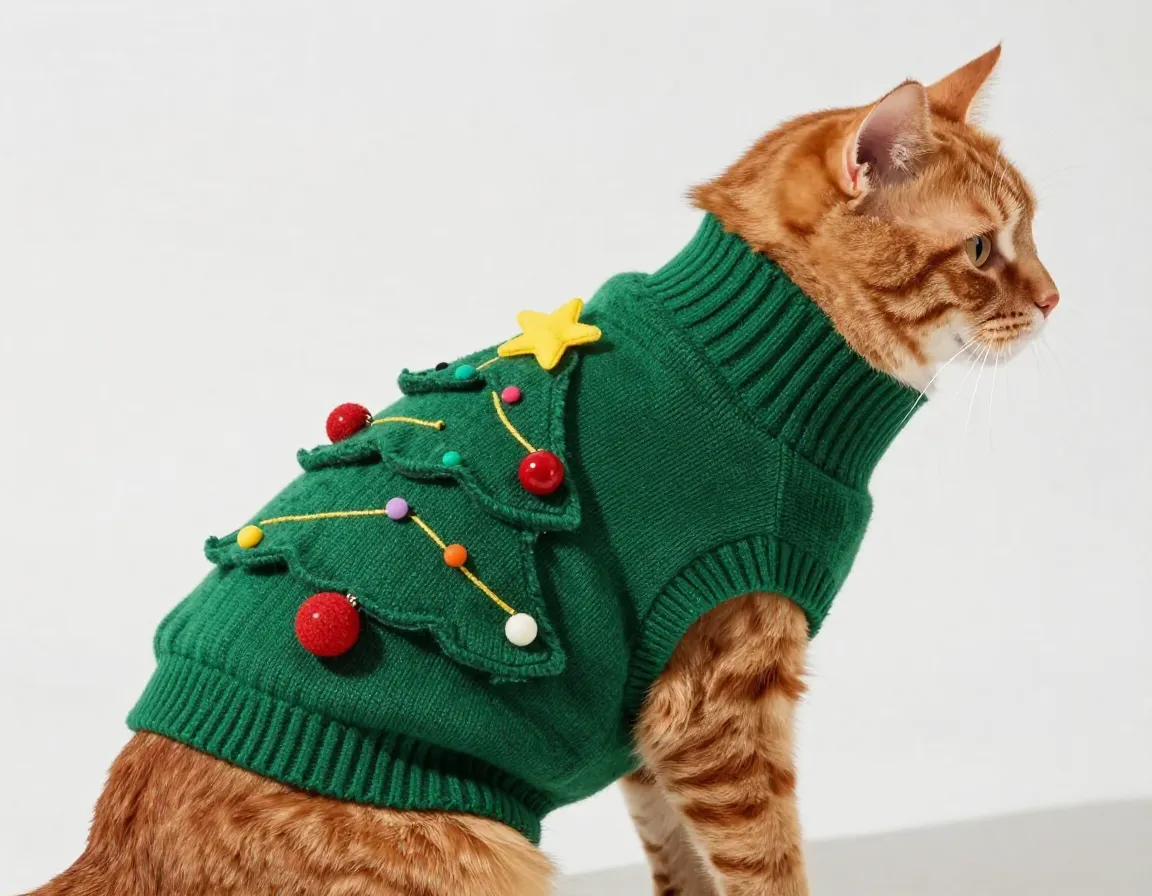 Christmas tree sweater with 3d fabric ornaments on a cat
