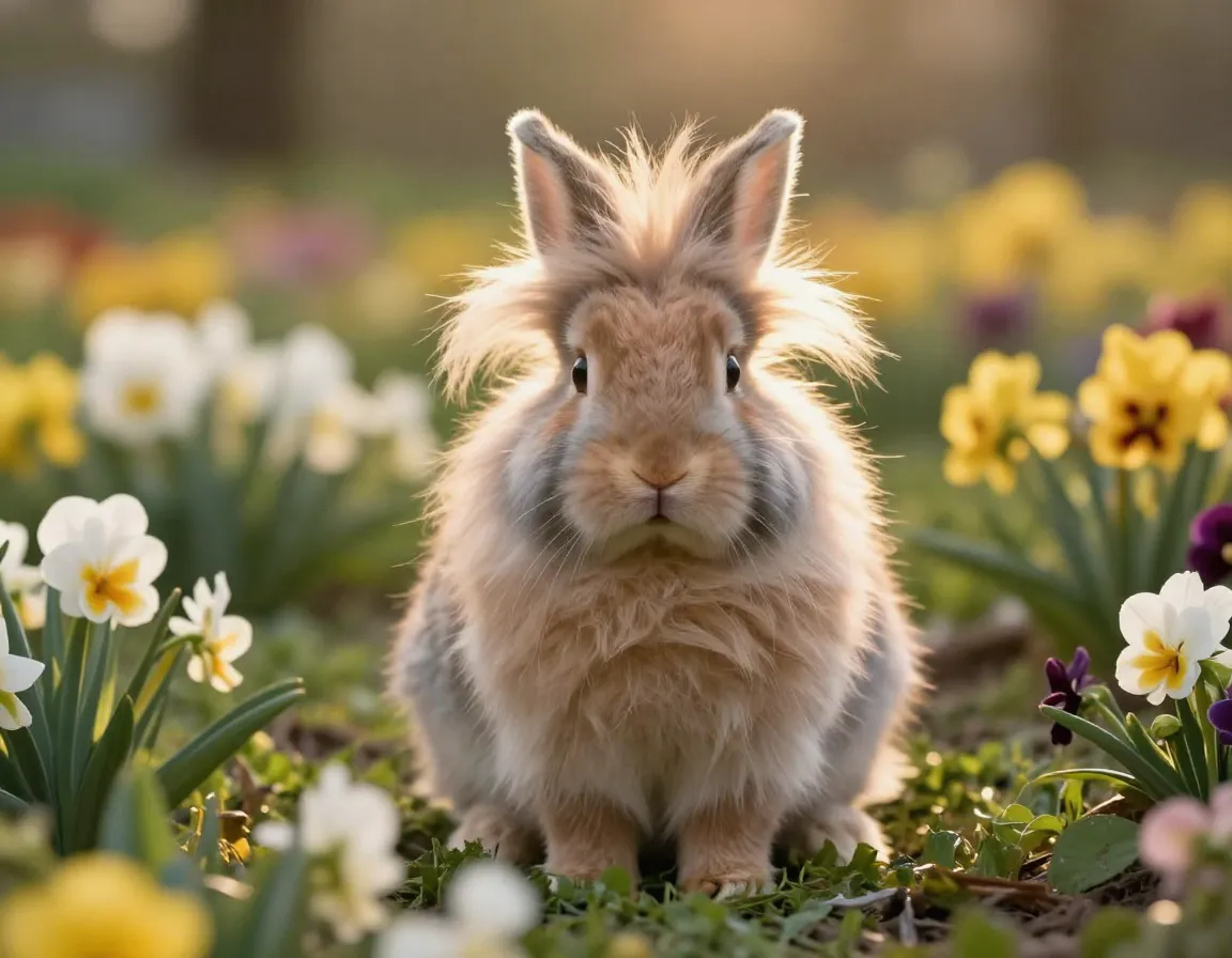 Lionhead rabbit single mane alert in garden flowers