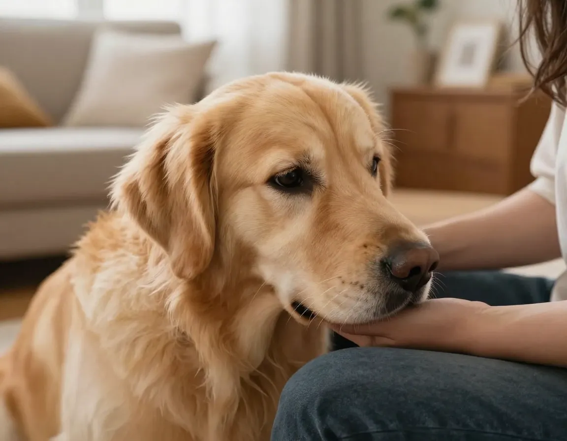 The golden pit dog nuzzling gently into a persons lap indoors