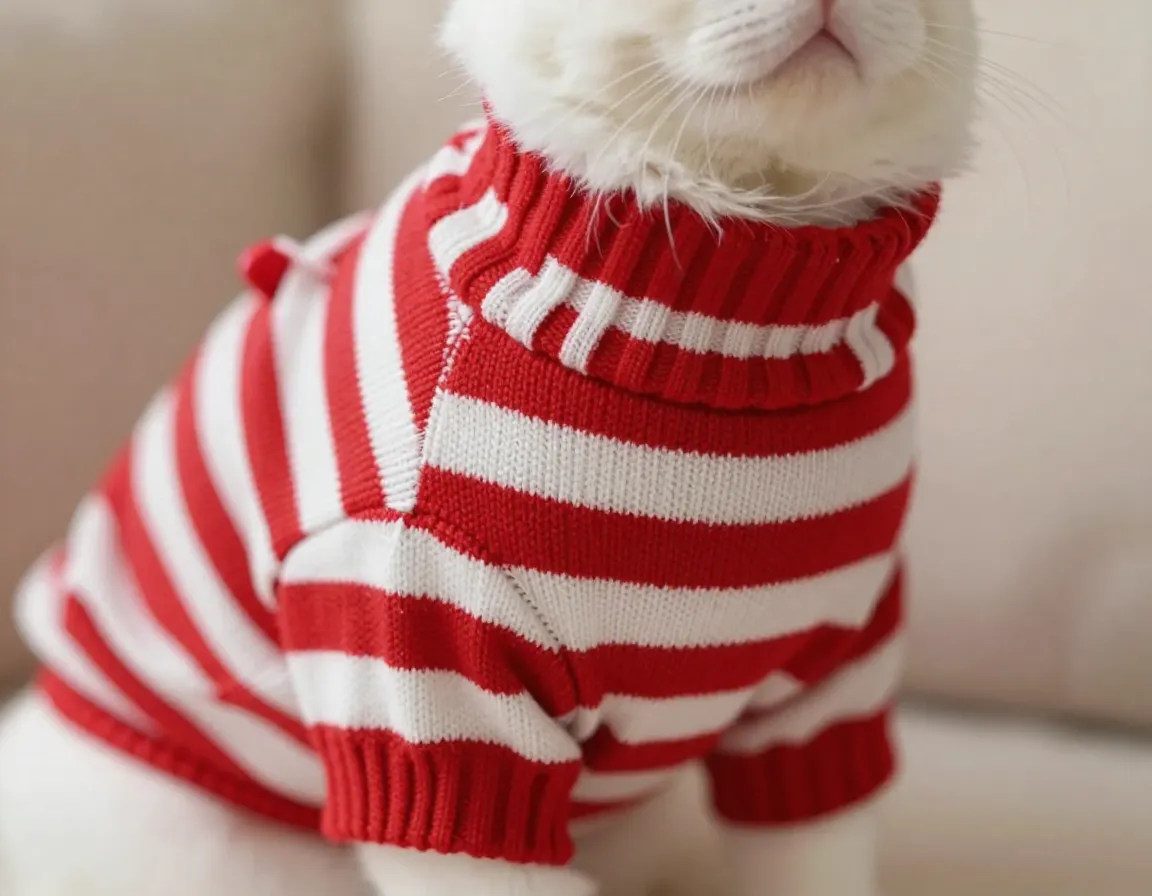 Candy cane striped turtleneck sweater on a cozy cat