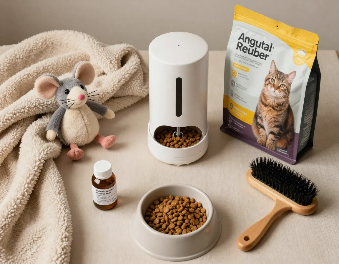 Collection of familiar comfort items from home for cat boarding