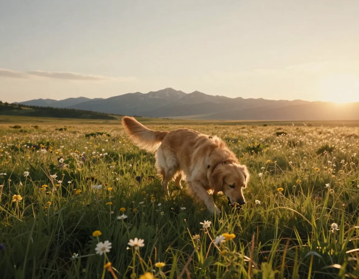 Quality decompression walk with dog sniffing in field