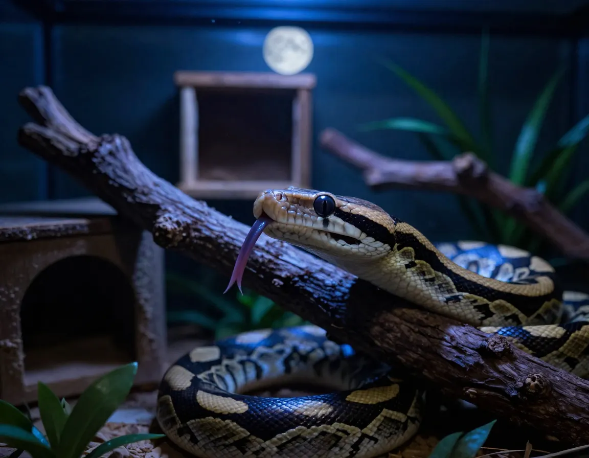 Royal python exploring terrarium at night tongue flicking