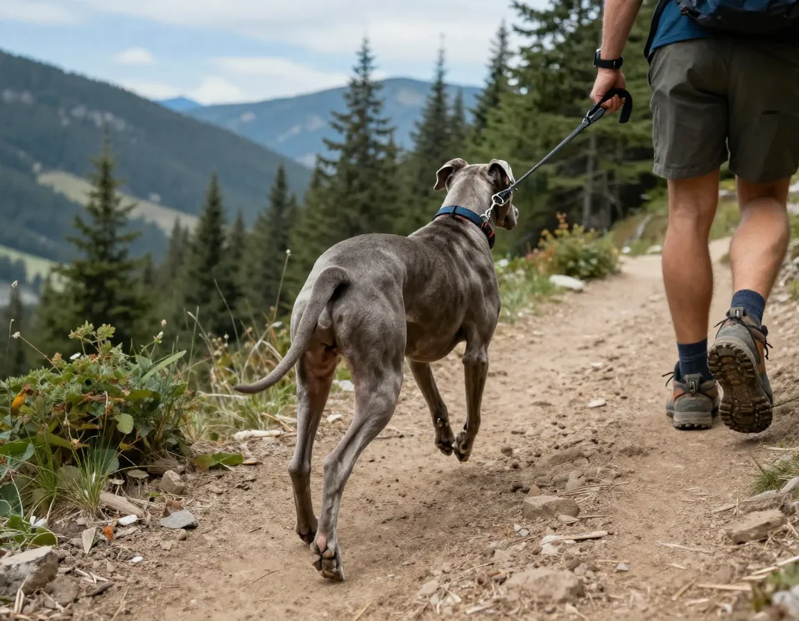 The silver gray pittmaraner dog hiking on a forest trail