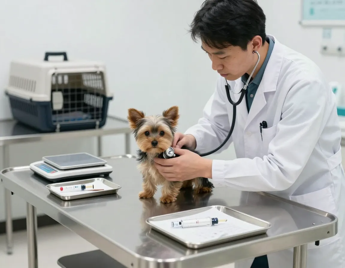 Veterinarian examining yorkshire terrier puppy on examination table