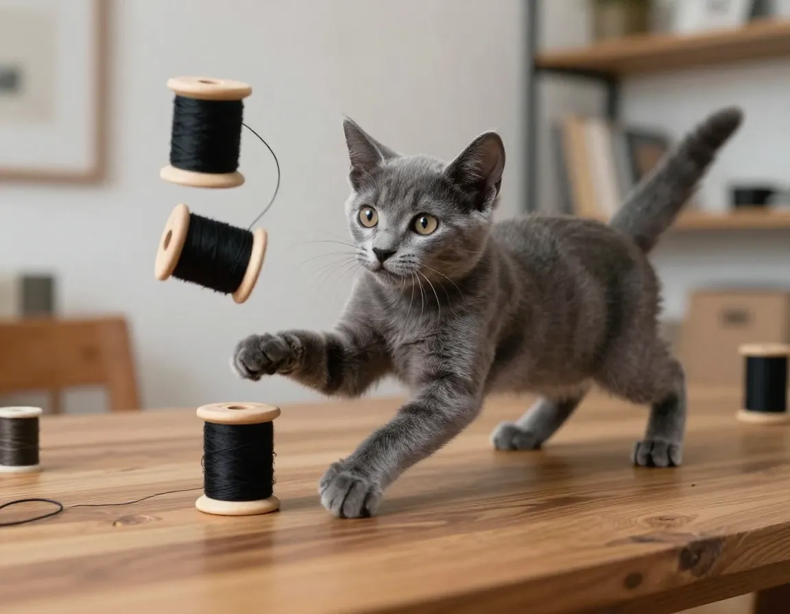 A sleek grey kitten batting a spool of thread off a wooden table