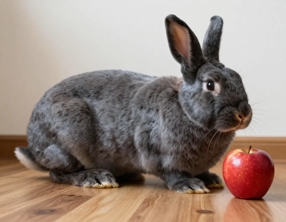 Flemish giant rabbit large scale next to red apple