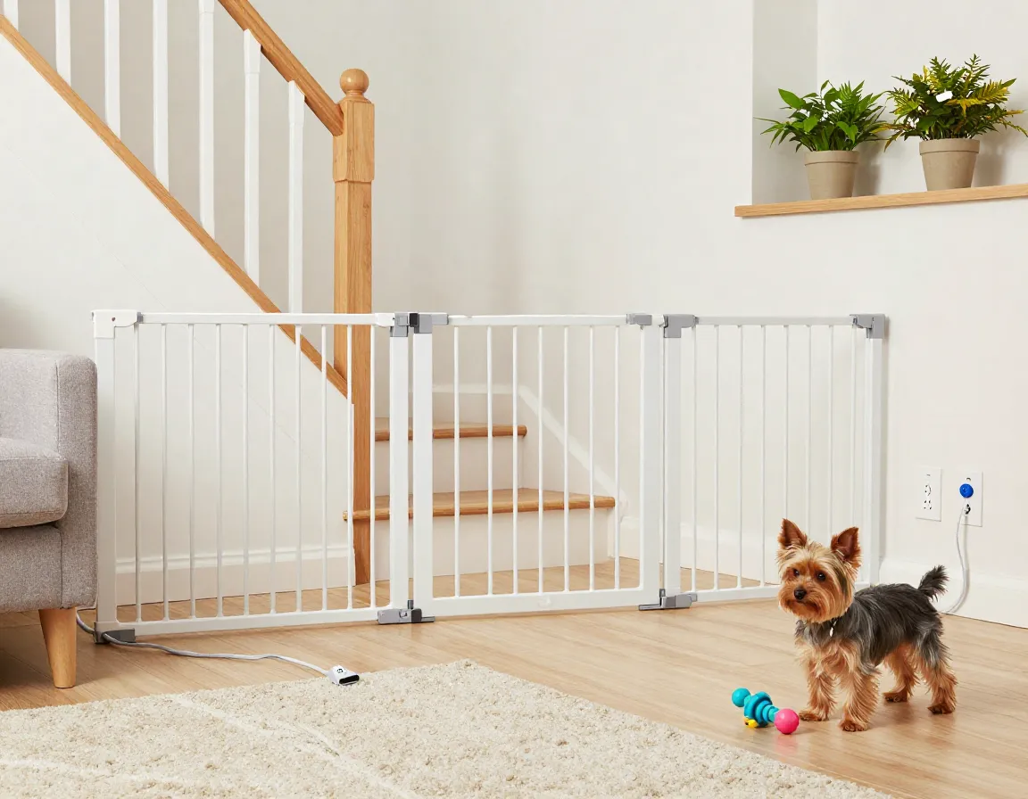 Puppy proofed living room with baby gate and cord protectors