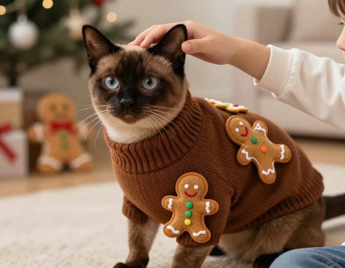 Gingerbread cookie applique sweater on a family cat