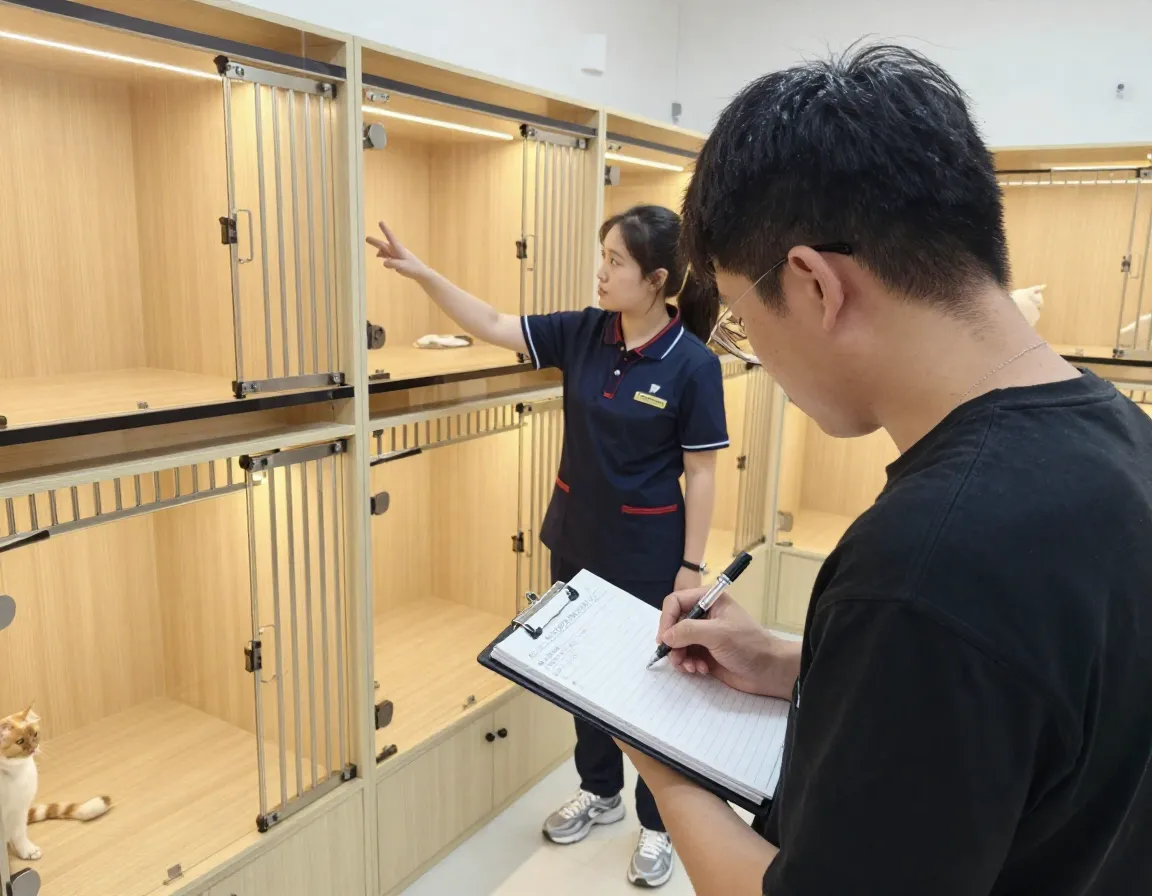 Owner researching and visiting a cat boarding facility before booking