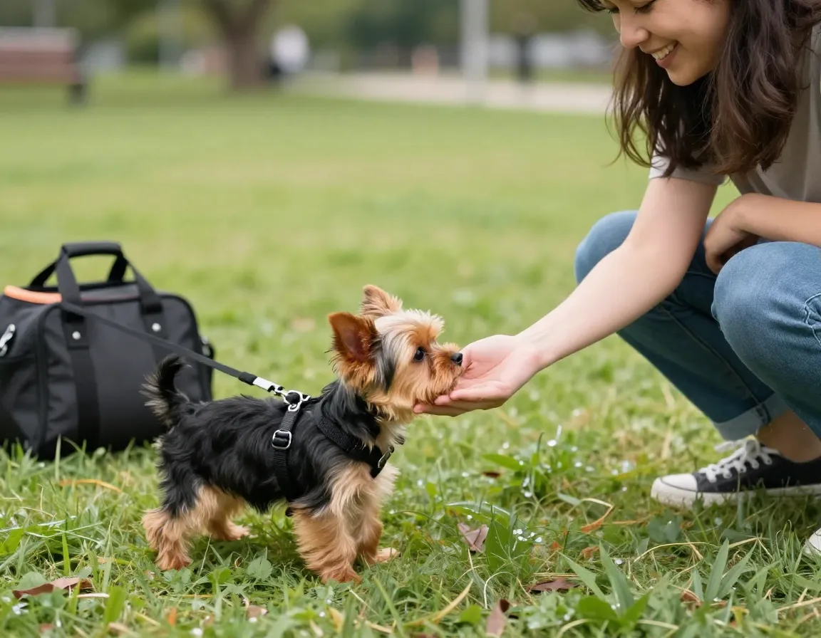 Socializing yorkie puppy with friendly person in controlled park