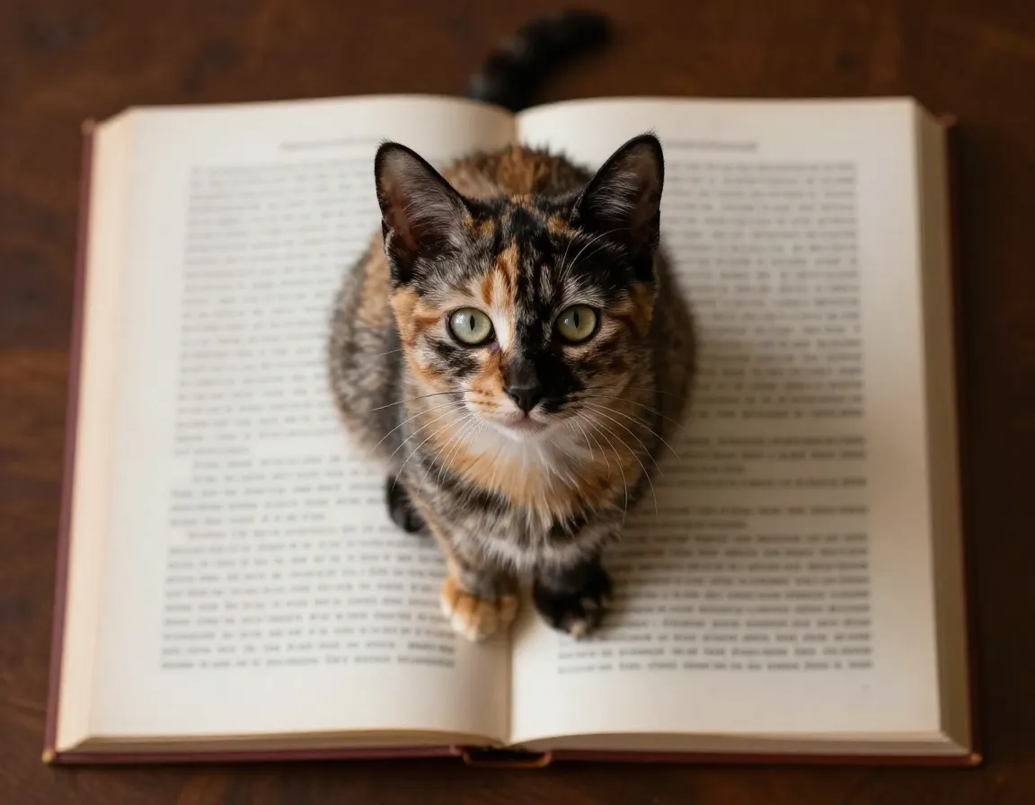 A thoughtful tortoiseshell kitten sitting on an open storybook