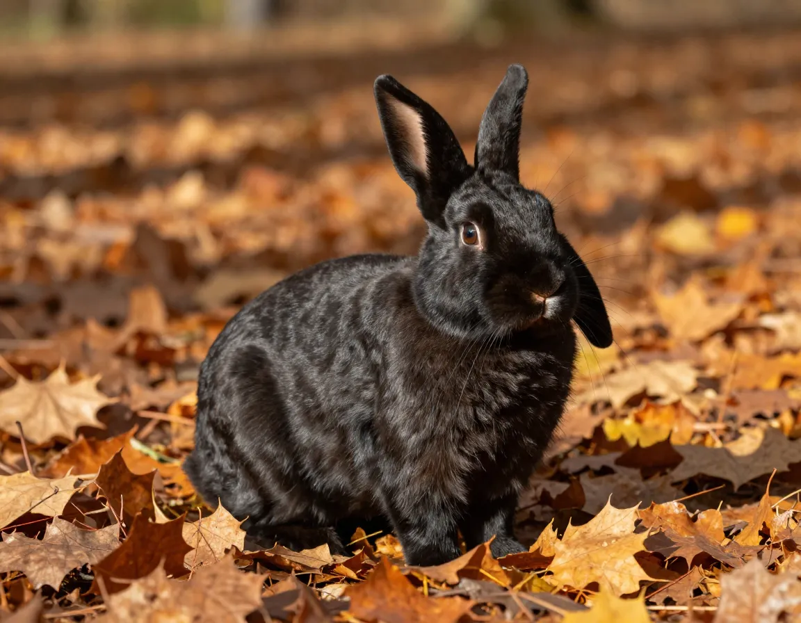 French lop rabbit balanced build in autumn leaves