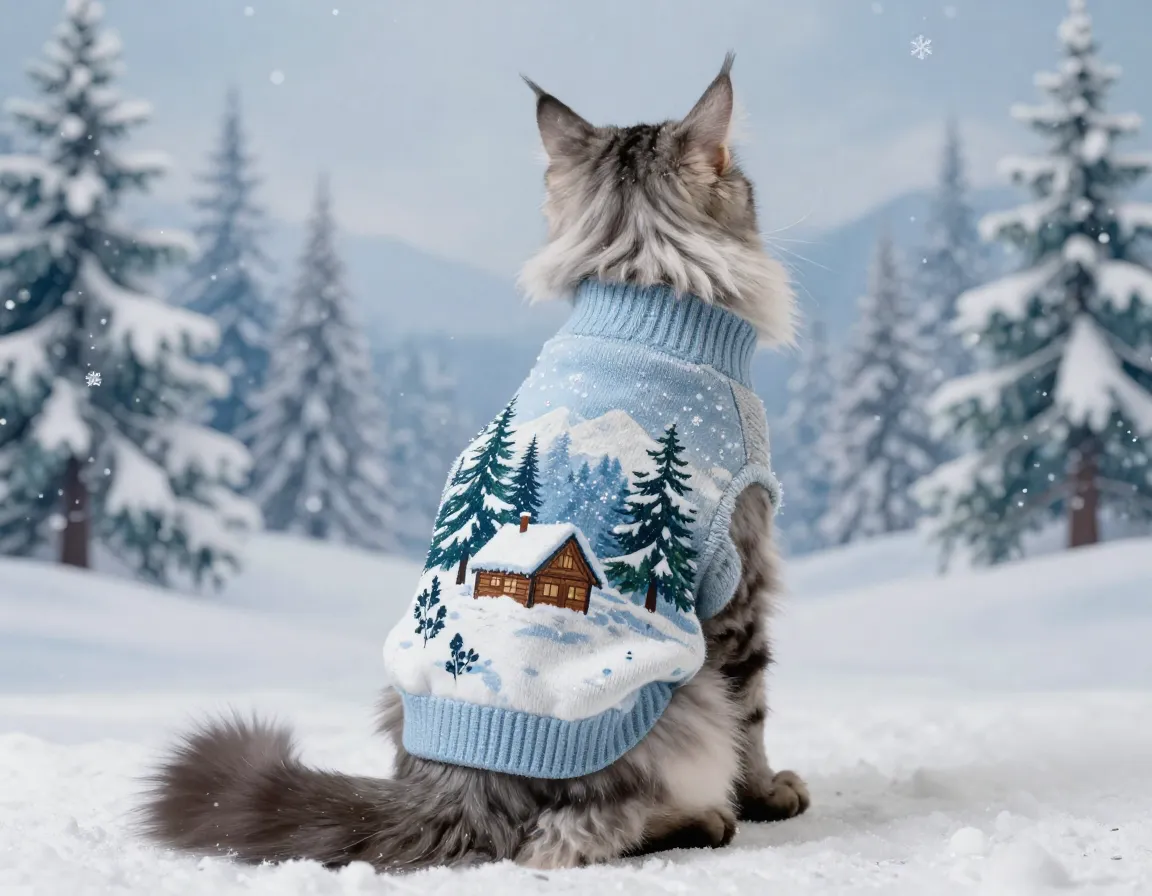 Winter wonderland scene sweater on a photogenic cat