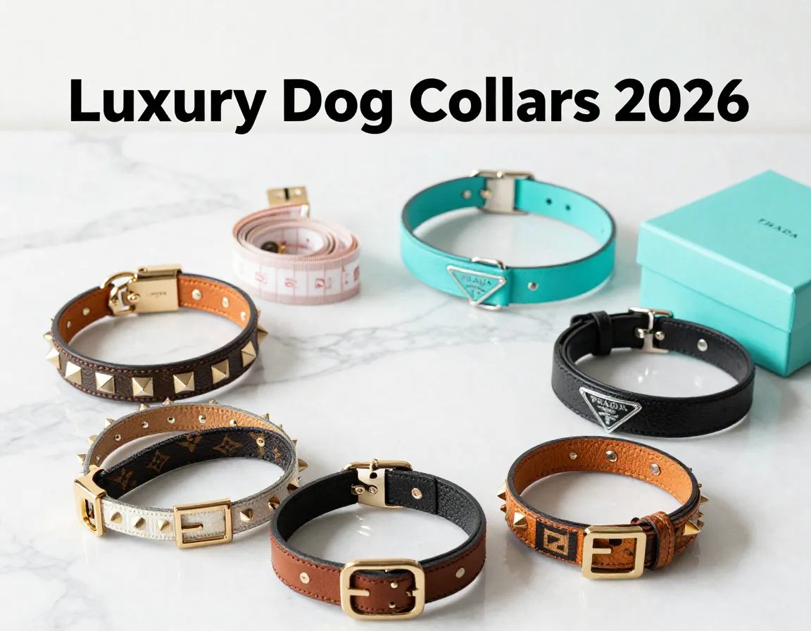 Flat lay luxury designer dog collars hermes tiffany valentino