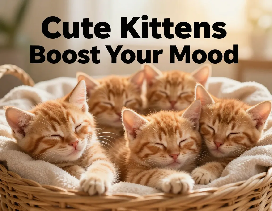 Four sleeping orange kittens cozy basket blanket golden hour joy