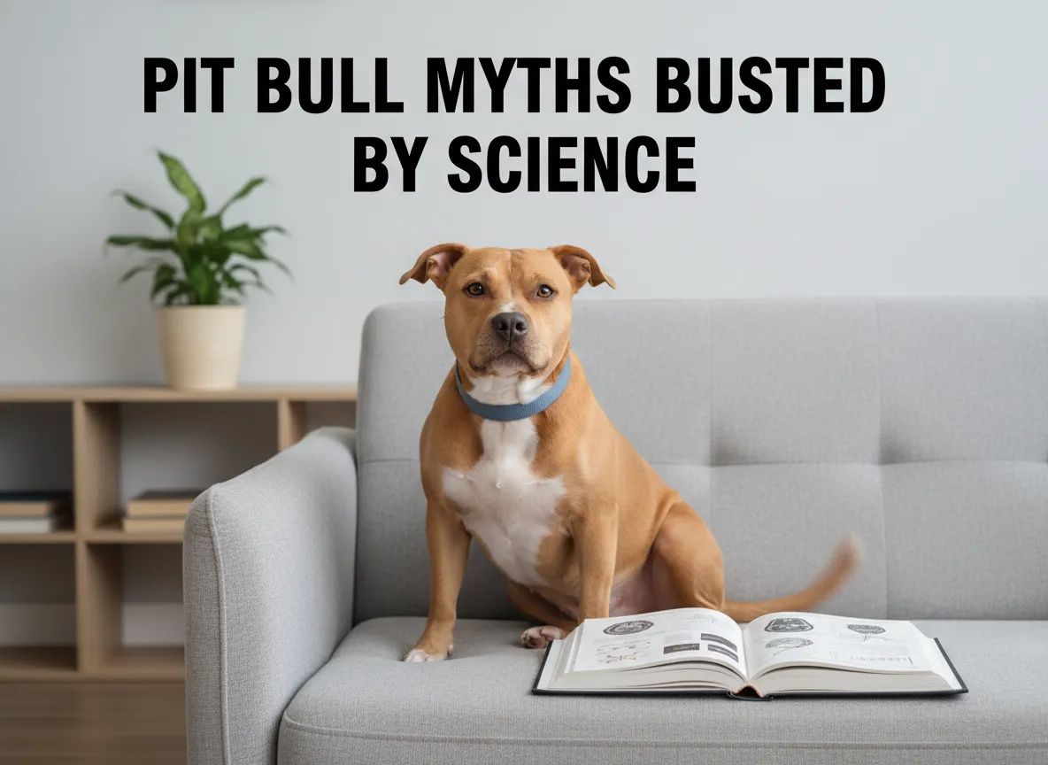 Friendly pit bull on couch with science book myth busting composition