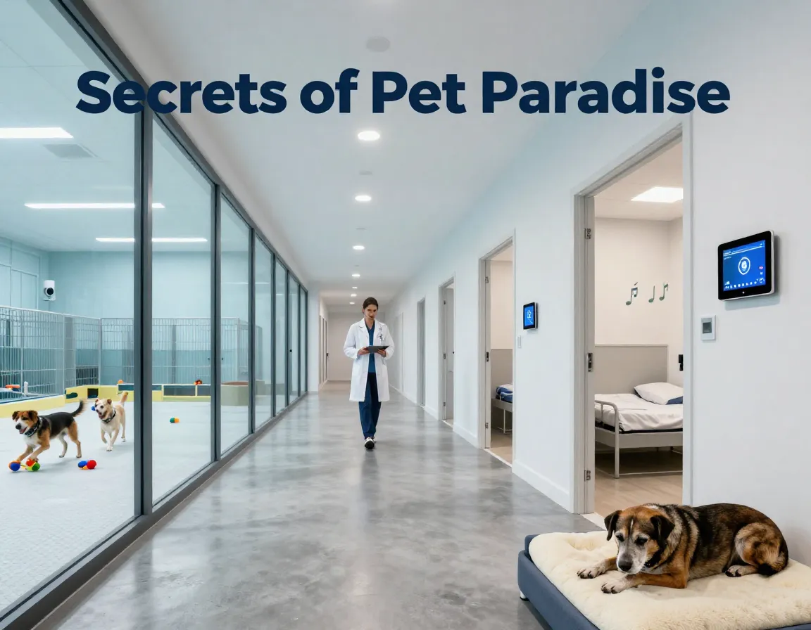 Luxury pet boarding facility hallway with technology and playroom