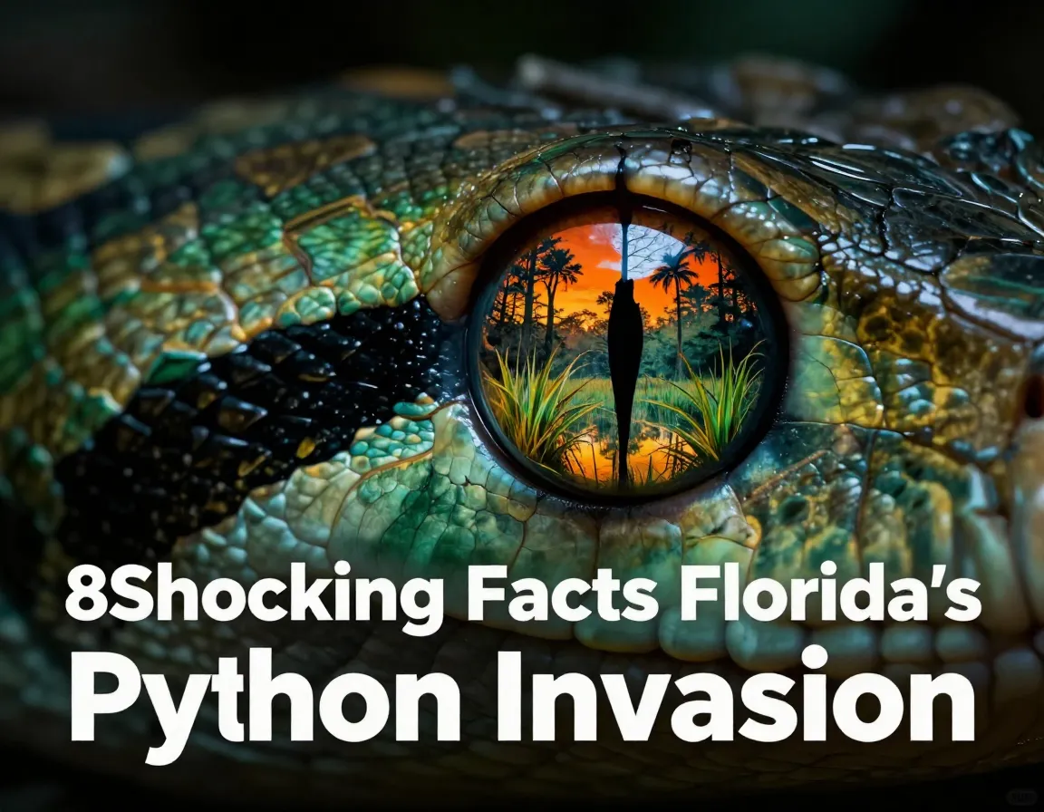 Macro python eye reflecting invaded everglades swamp fiery sky