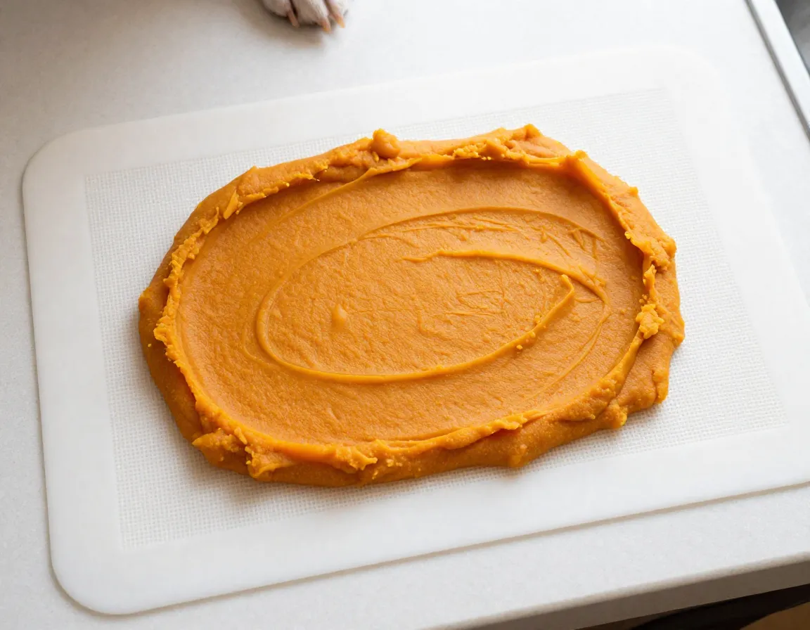 Frozen pumpkin puree on textured silicone baking mat dog lick mat