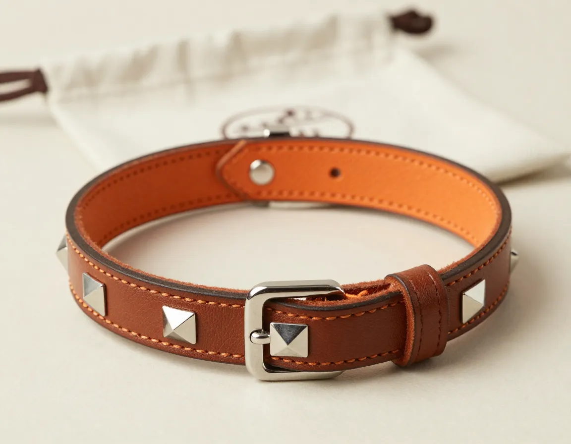 Handstitched hermes medor collar with pyramid studs and orange lining