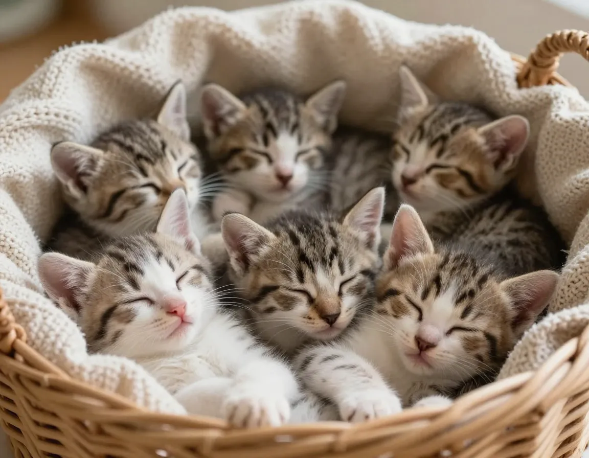 Sleeping kittens nestled in cozy blankets and baskets