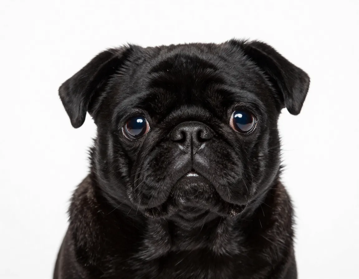 Adult black pug performing signature curious head tilt