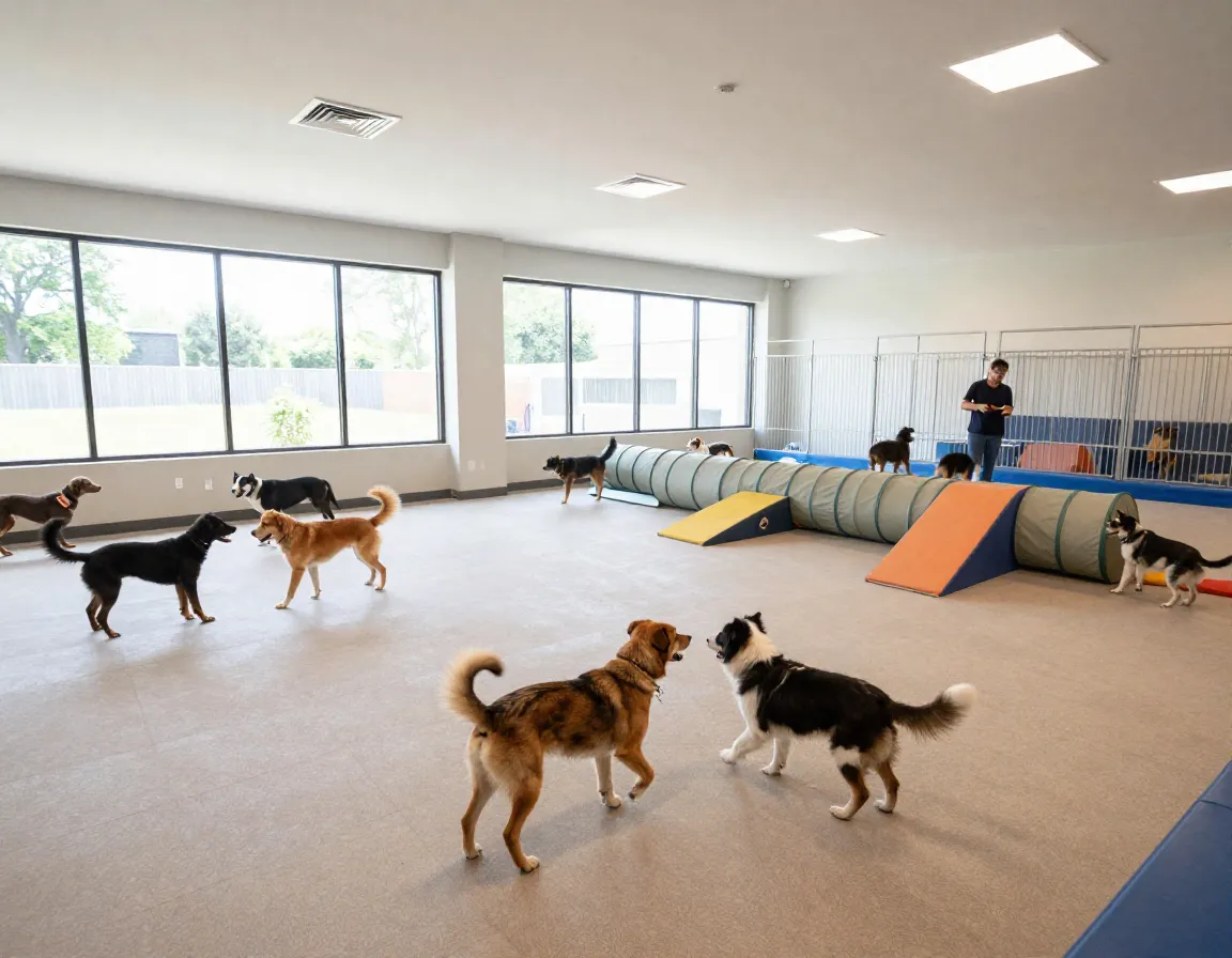 Dogs playing in climate controlled premium boarding facility
