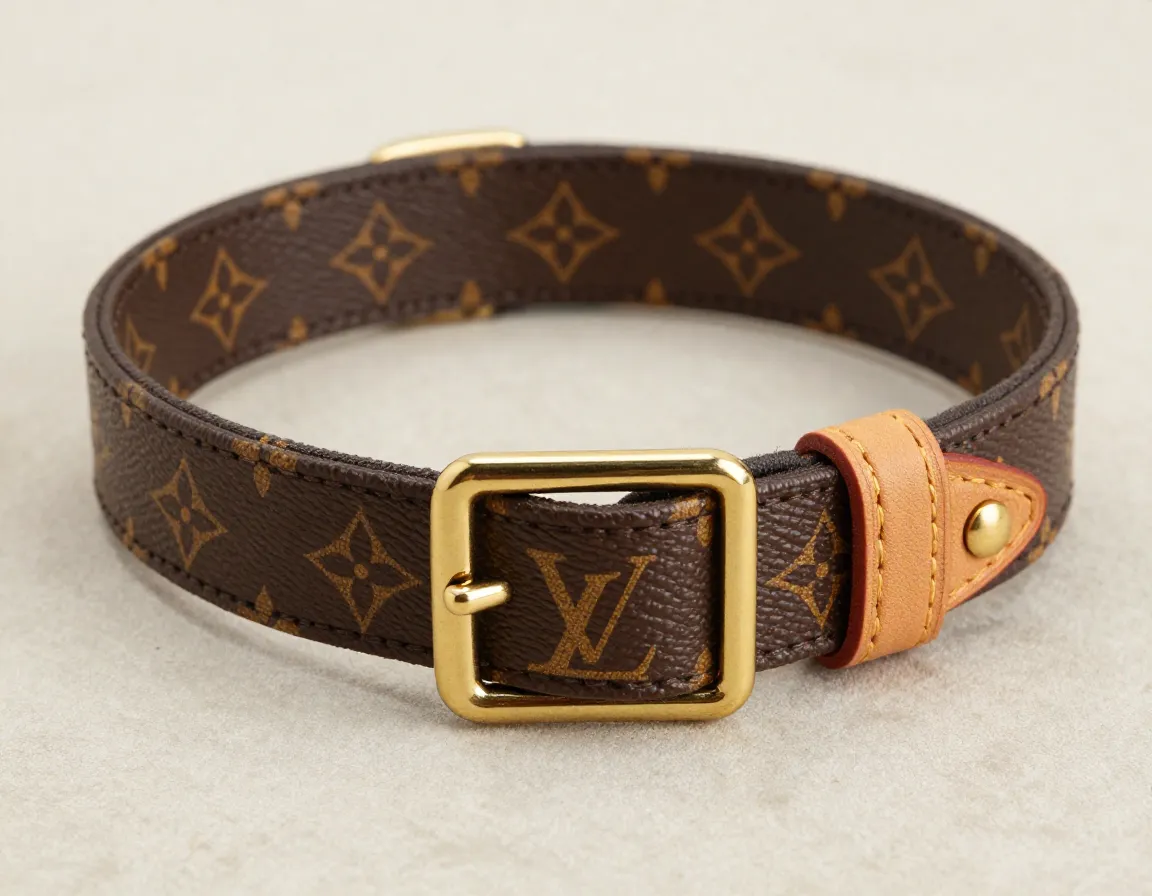 Louis vuitton baxter dog collar with monogram canvas and brass buckle