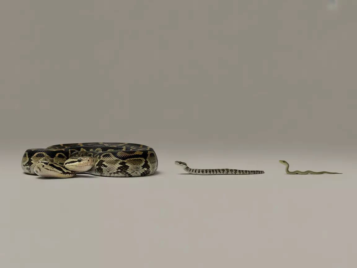 Size comparison burmese python native florida snakes on grey background