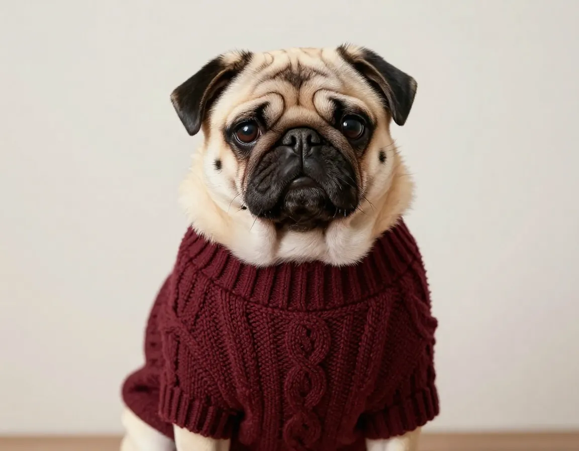 Cream pug wearing snug burgundy cable knit sweater