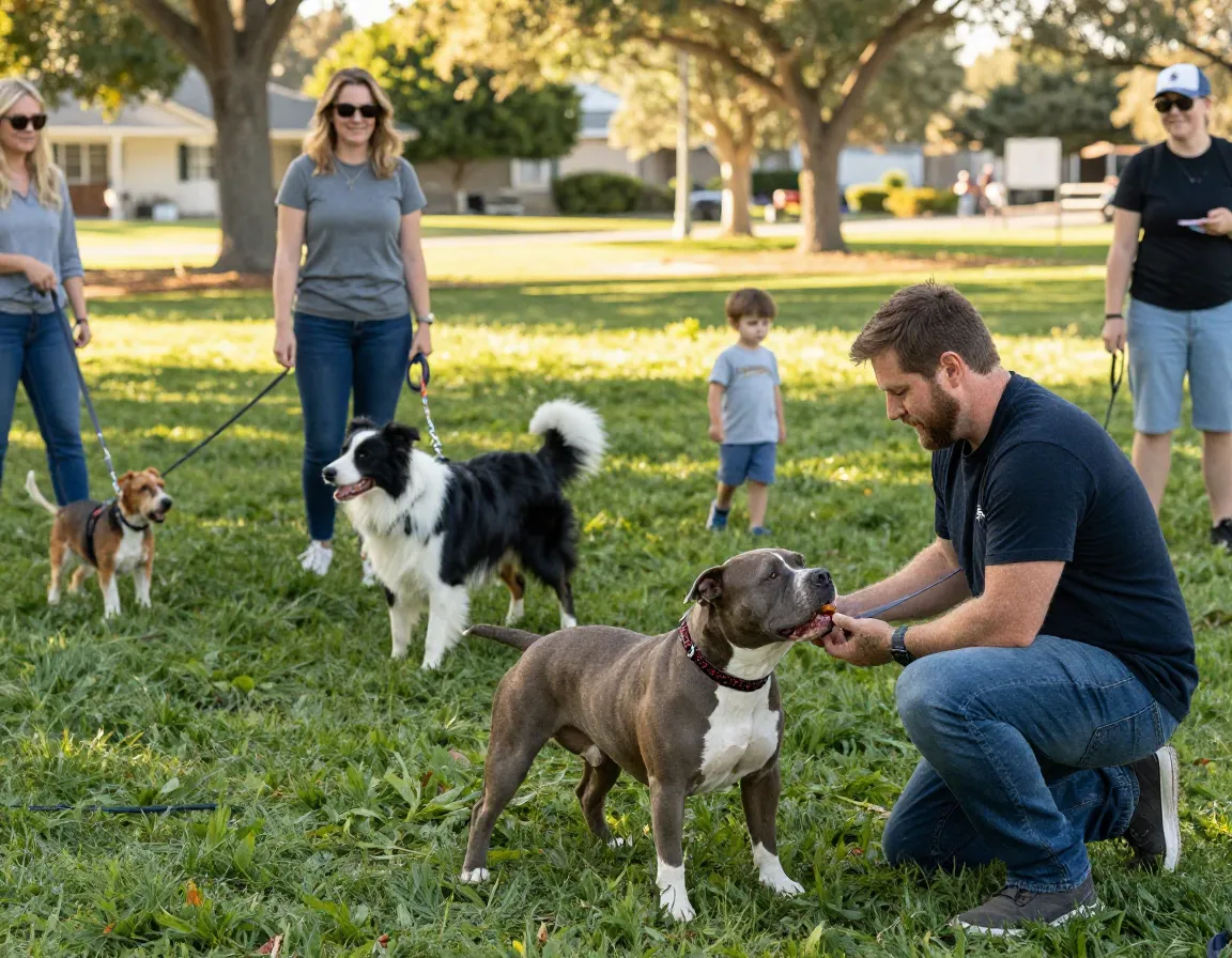 Diverse group of owners and dogs socializing peacefully in park