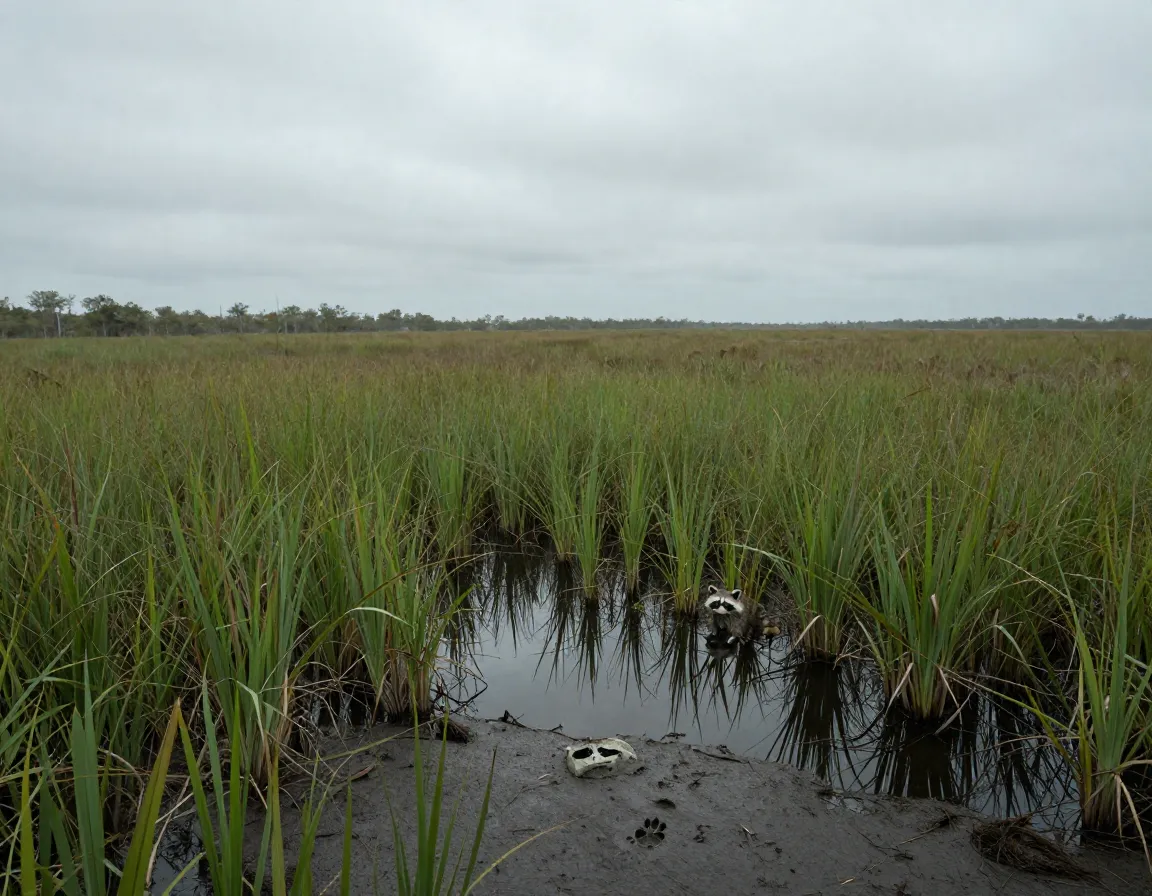 Empty everglades marsh with single raccoon track in mud