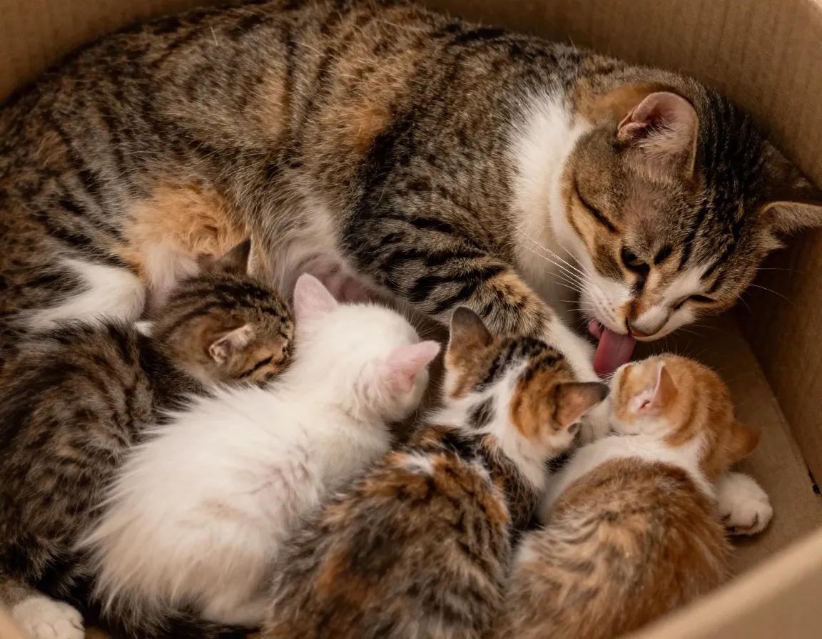 Mother cat nursing and grooming her kitten family