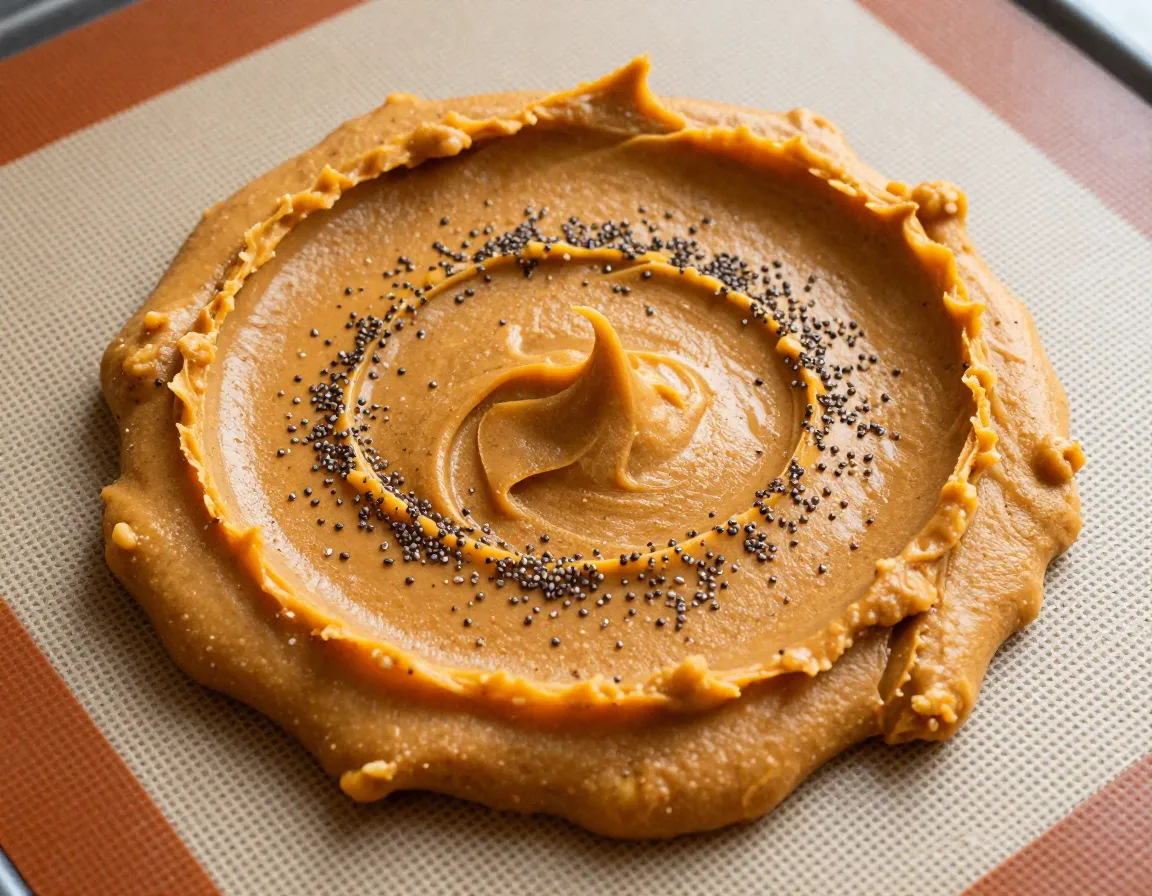 Peanut butter and pumpkin mixture on silicone mat with chia seeds