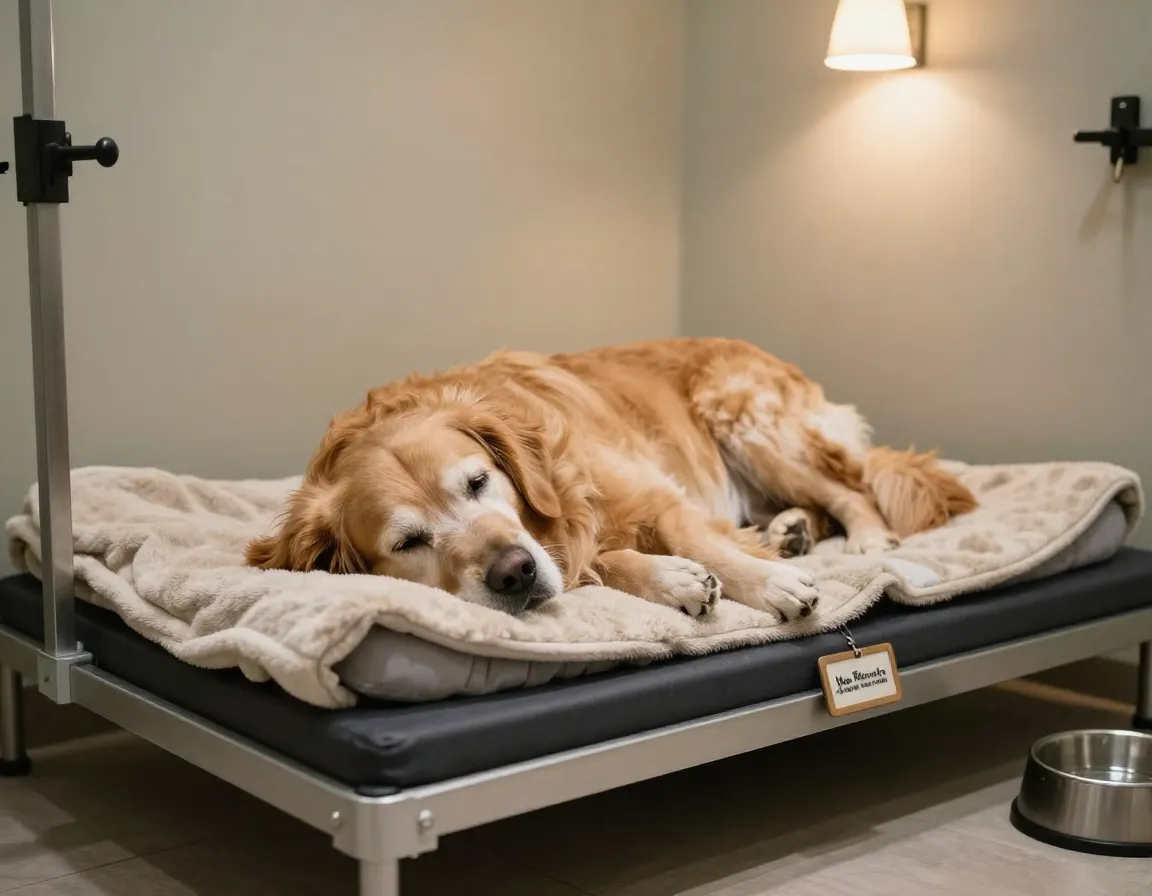 Senior golden retriever resting on orthopedic bed